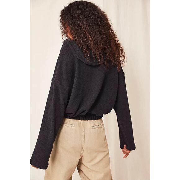 Free People x FP Beach Bino Pullover Button Crop Gathered Sweater Black Small - Picture 6 of 12